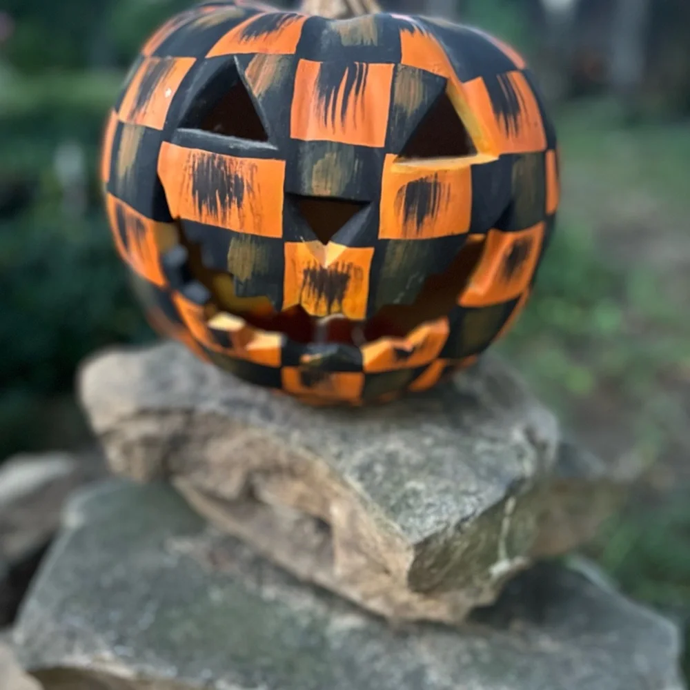Orange and Black Checker Jack-O'-Lantern thick foam Lantern Hand painted